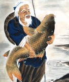 【已售】河南美协董书林工笔作品《渔翁赏鱼》
