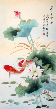 【已售】北京美协凌雪三尺荷花双鱼图《年年有余》