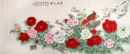 【已售】北京美协凌雪八尺牡丹锦鸡图《前程似锦》