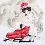 【已售】李凤英四尺斗方仕女《金屋妆成娇侍夜》