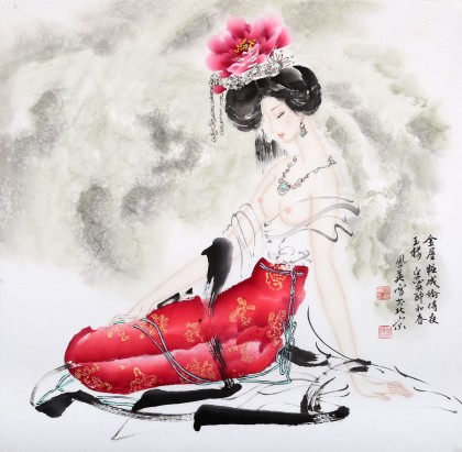 【已售】李凤英四尺斗方仕女《金屋妆成娇侍夜》