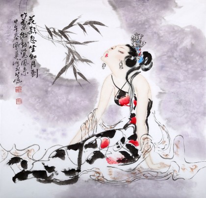 【已售】李凤英四尺斗方仕女《花好月圆》