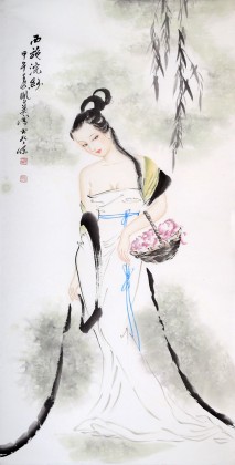 中国古美術・仕女図三尺画芯・純手描き・工筆・彩色画・仇英印款・書道・宣紙・带水印 中国古美術・仕女図三尺画芯・純手描き・工筆・彩色画・仇英印款