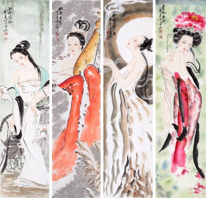 【已售】北京美协李凤英四尺条屏《四大美人》