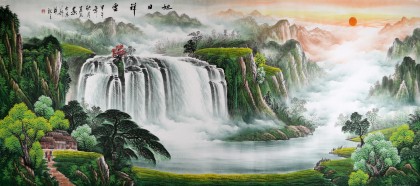 【已售】  吴东小八尺青绿山水画《旭日祥云》