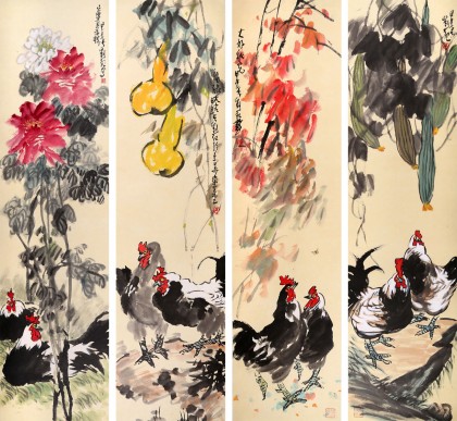 精品四条屏- 雄鸡图- 99字画网