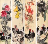 【已售】刘纪 精品四条屏《大吉图》 中国画大家 真迹收藏