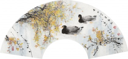 【已售】当代水墨漫画名家 强春云扇画《迎春》