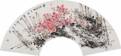 【已售】当代水墨漫画名家 强春云扇画《霞飞图》