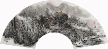 【已售】当代水墨漫画名家 强春云扇画《中有隐居人》