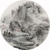 【已售】当代水墨漫画名家 强春云扇画 《山居图》