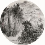 【已售】当代水墨漫画名家 强春云扇画 《乡村烟雨》