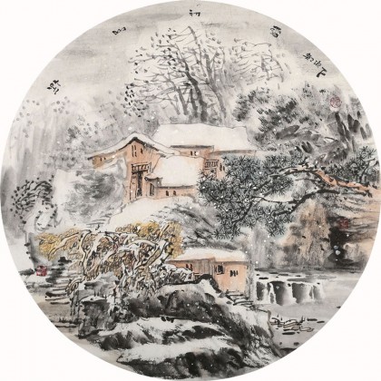 当代水墨漫画名家强春云扇画《瑞雪》 - 写意山水画- 99字画网