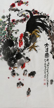 【已售】著名花鸟画家曲逸之 四尺雄鸡国画《大吉图》
