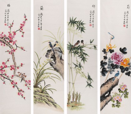 【已售】北京美协凌雪 四条屏花鸟画《梅兰竹菊》