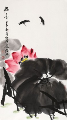【已售】花鸟画名家李绍山 三尺荷花图《泥香》