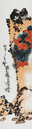 【已售】名家王永刚四尺对开手指画《双栖》(询价)