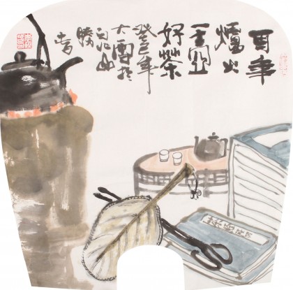 【已售】李胜春小尺寸扇画《百年炉火 一壶好茶》