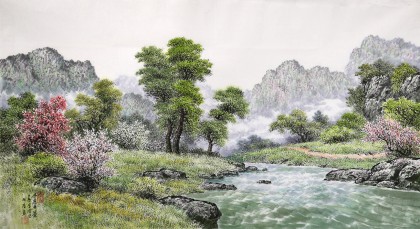 【已售】朝鲜名家蔡京华 四尺《春到溪谷》