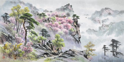 朝鲜画家金善国 四尺《妙香山之春》