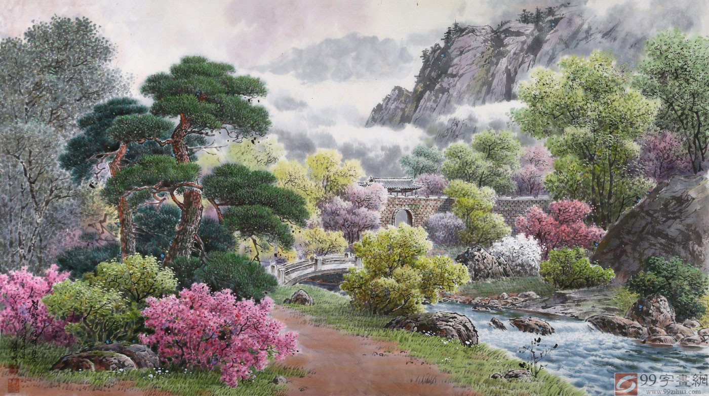 朝鲜画家金英四尺《山城的春天》 - 朝鲜国画- 99字画网