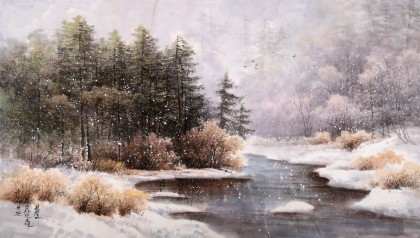 【已售】朝鲜画家权雪亚 四尺《森林的初雪》