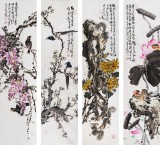 【已售】著名花鸟画家曲逸之 四条屏花鸟画