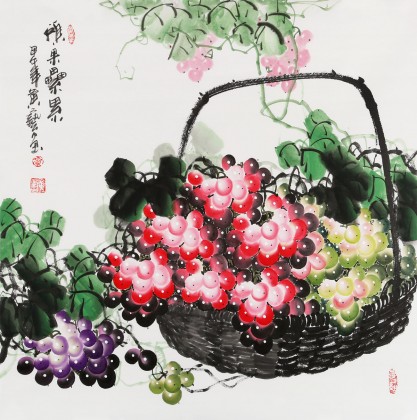 四尺斗方葡萄画《硕果累累》 - 葡萄画 - 99字画网