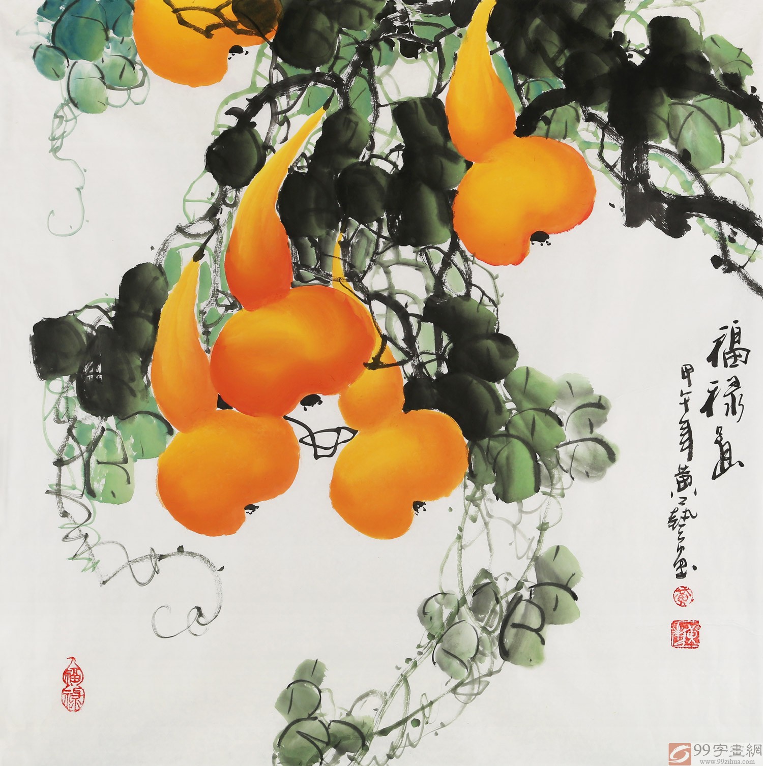 【已售】黄艺四尺斗方招财辟邪葫芦画《福禄图》