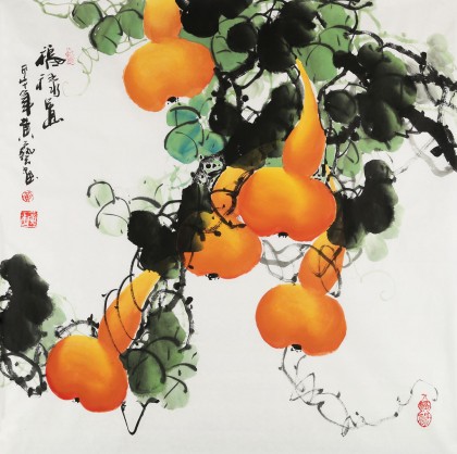 【已售】黄艺四尺斗方招财辟邪葫芦画《福禄图》