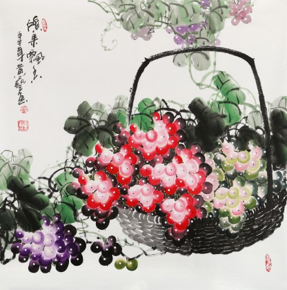 四尺斗方葡萄画《硕果飘香》 - 葡萄画 - 99字画网