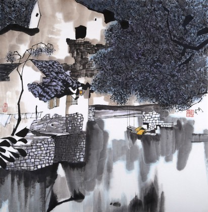 SK辽宁工美教授苗雨 四尺斗方《江南夏韵》师从吴冠中（询价）