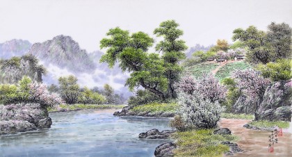 SKSD朝鲜画家蔡京华 四尺《溪边的春天》
