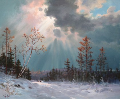 【已售】朝鲜名家 白鹤松 《雪中小路》精品油画