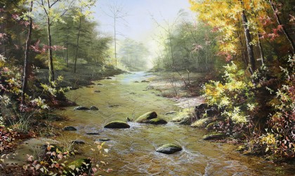 SK朝鲜人民艺术家李相文 大尺寸《绿溪》 布面油画