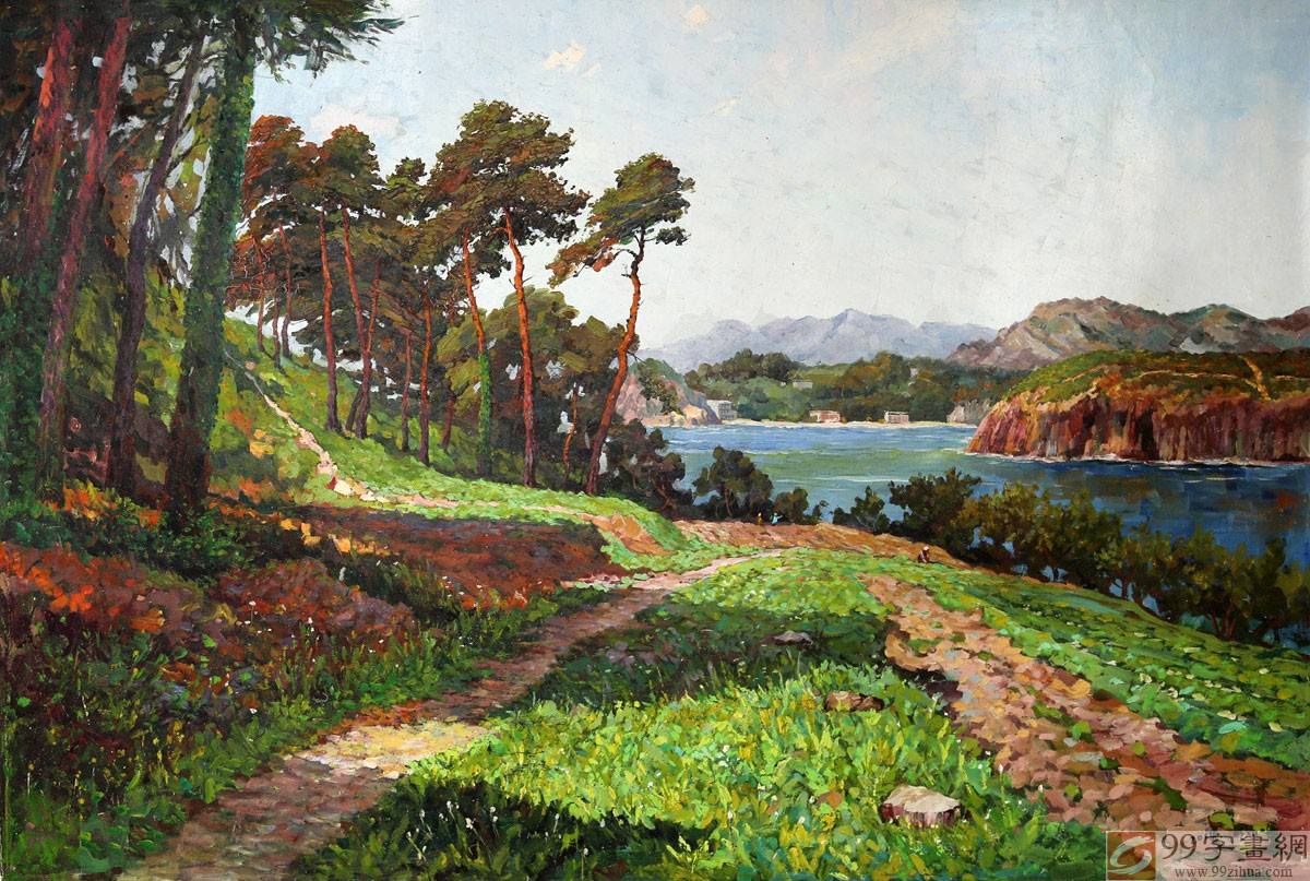 油彩画　湖畔 雪山映湖