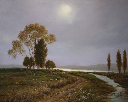 SK朝鲜一级画家 金顺赫 《月夜》布面油画