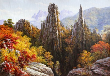 【已售】朝鲜名家油画 李春植 《金刚山之秋》