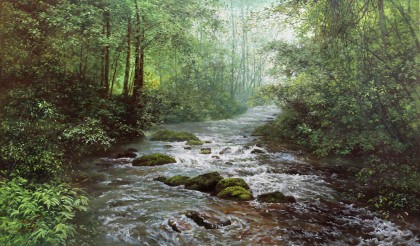 【已售】朝鲜名家油画 金明奎 《春溪》