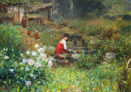 【已售】朝鲜名家油画 朴京术 《农家》