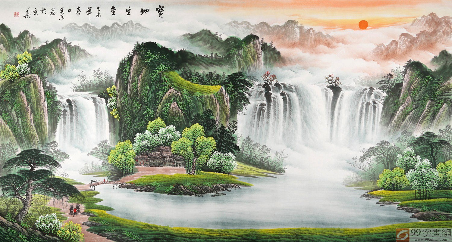 【已售】吴东六尺聚宝盆山水画《宝地生金》