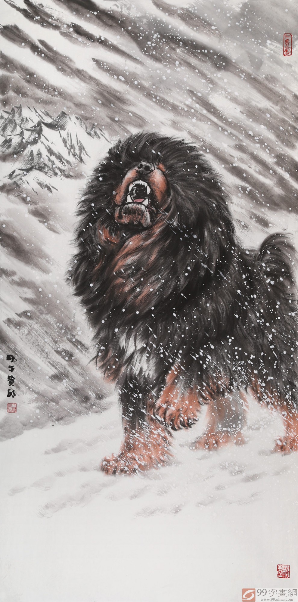 王贵邱四尺国画藏獒《雪中长啸》 - 动物画- 99字画网