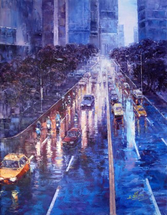 【已售可订】郭莹大尺寸 《上海之夜-雨后》 布面油画