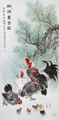 GS中国老子书画院副院长 朱祖义四尺《群鸡喜春图》