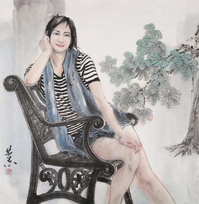 【已售】著名人物画家王其志 四尺斗方《娴静》