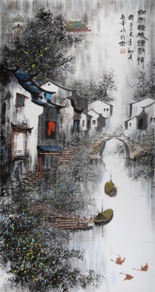 北京美协张春奇四尺山水《细雨轻梳钟鼓情》 - 写意山水画- 99字画网