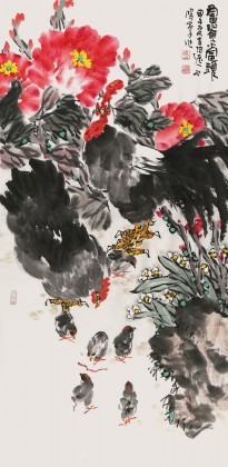 QASK著名花鸟画家曲逸之 四尺雄鸡国画《富贵当头》