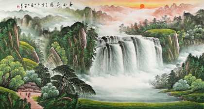 【已售】吴东六尺聚宝盆山水画《春山飞瀑》
