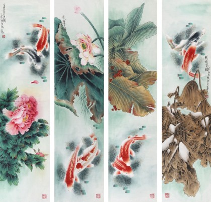 SK河南美协董书林四条屏《锦鲤游春》