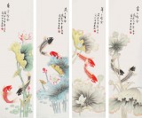 【已售】北京美协凌雪四条屏花鸟画《连年有余》